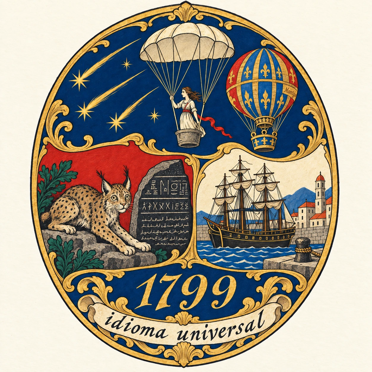 The 1799 crest: a ship in port, the Rosetta Stone, a lynx, a meteor shower, a balloon, and a woman descending by parachute. The motto reads idioma universal.